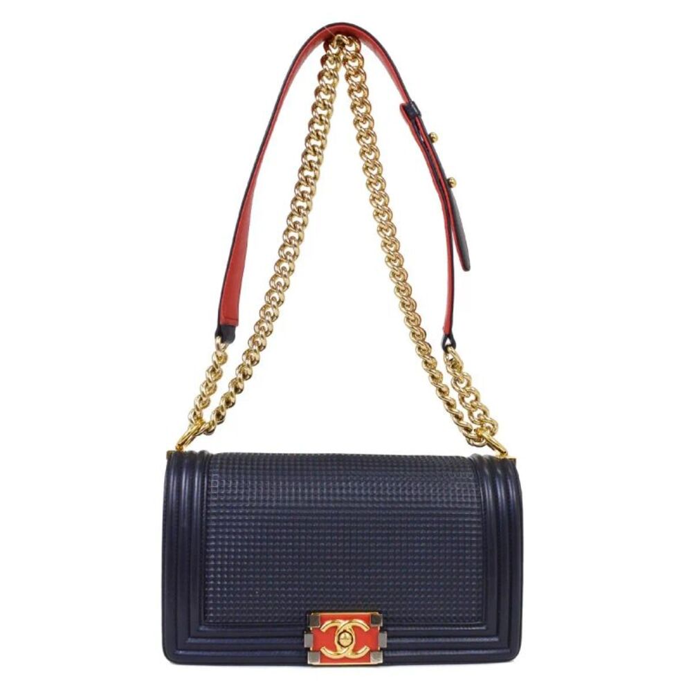 Chanel Boy Flap Cube Embossed Lambskin Navy Leather Shoulder Bag Bag